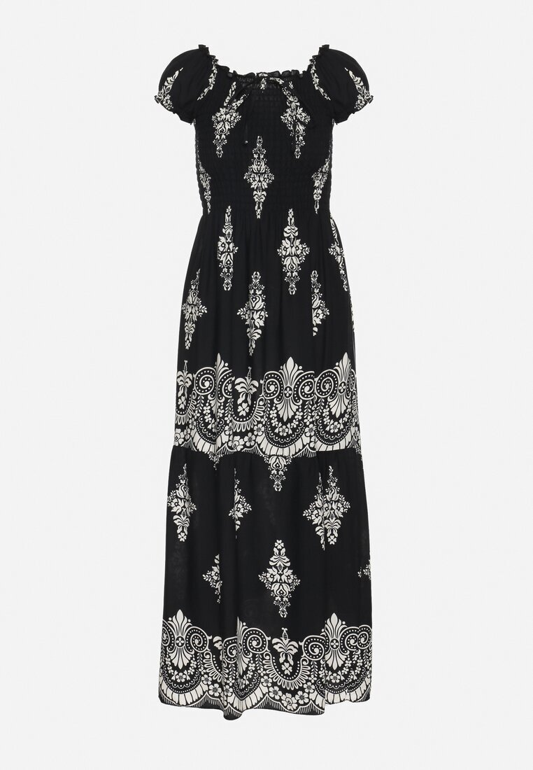 j&x Rochie neagră din vâscoză cu top încrețit și model Boho Ellifae