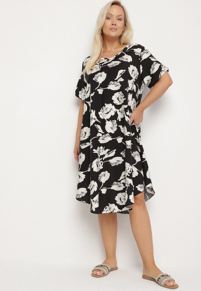 j&x Rochie Neagră dreaptă din vâscoză cu imprimeu floral Aranessa