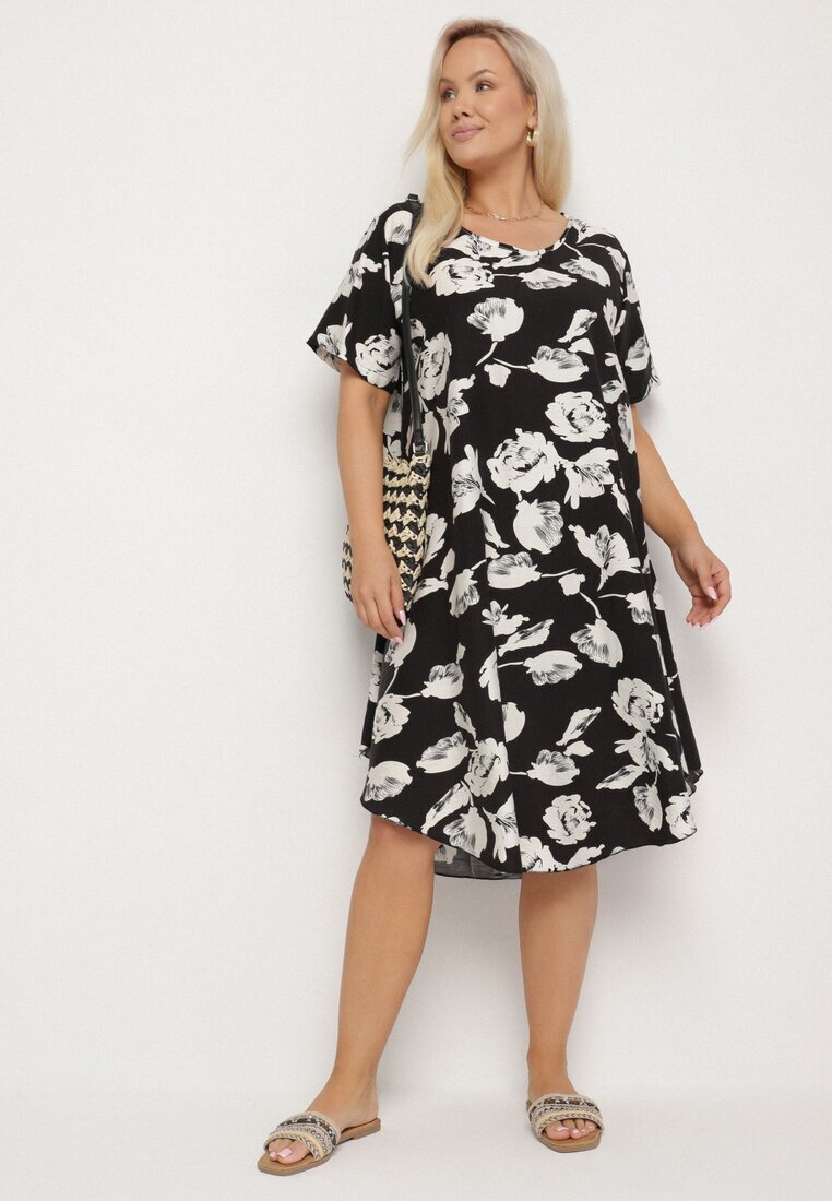 j&x Rochie Neagră dreaptă din vâscoză cu imprimeu floral Aranessa