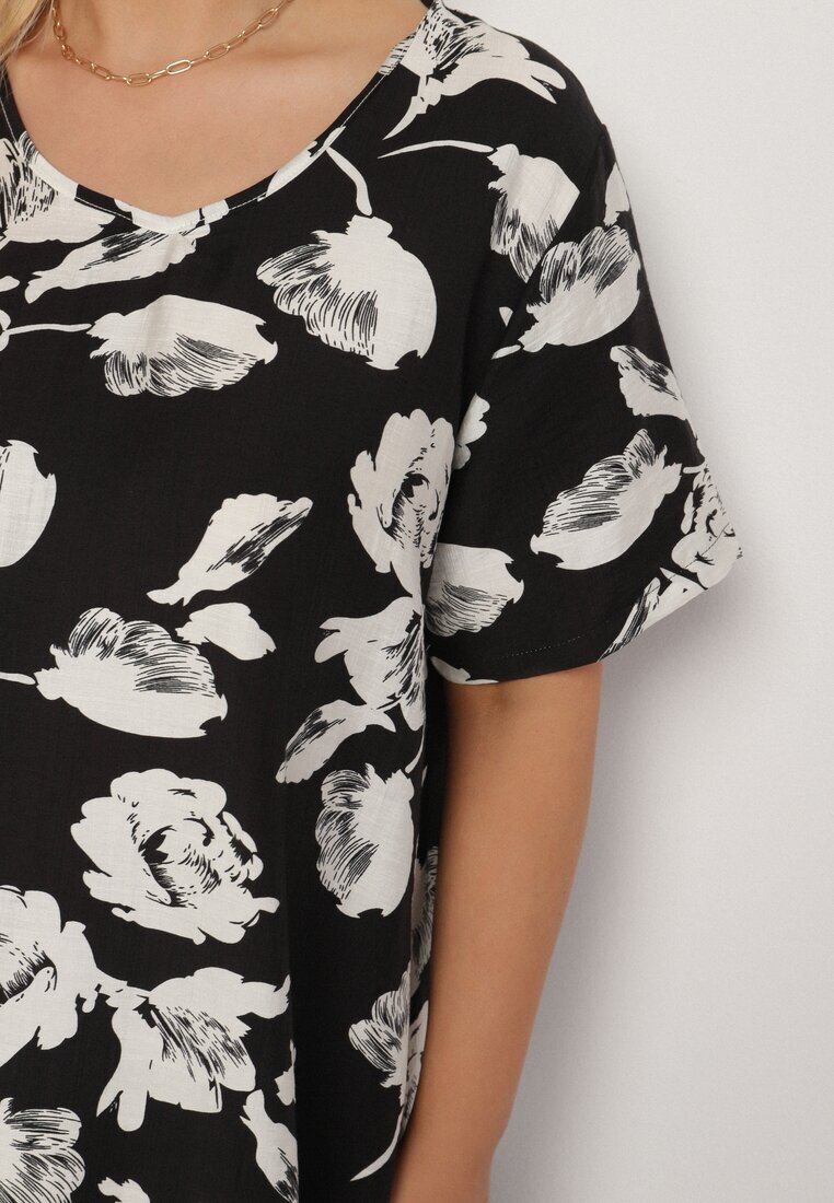 j&x Rochie Neagră dreaptă din vâscoză cu imprimeu floral Aranessa