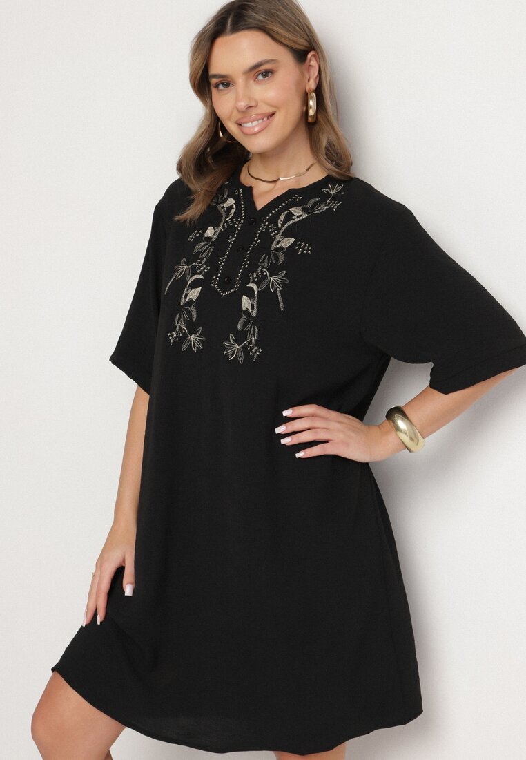 j&x Rochie Neagră Tip cutie cu nasturi și broderii decorative Jenivanea
