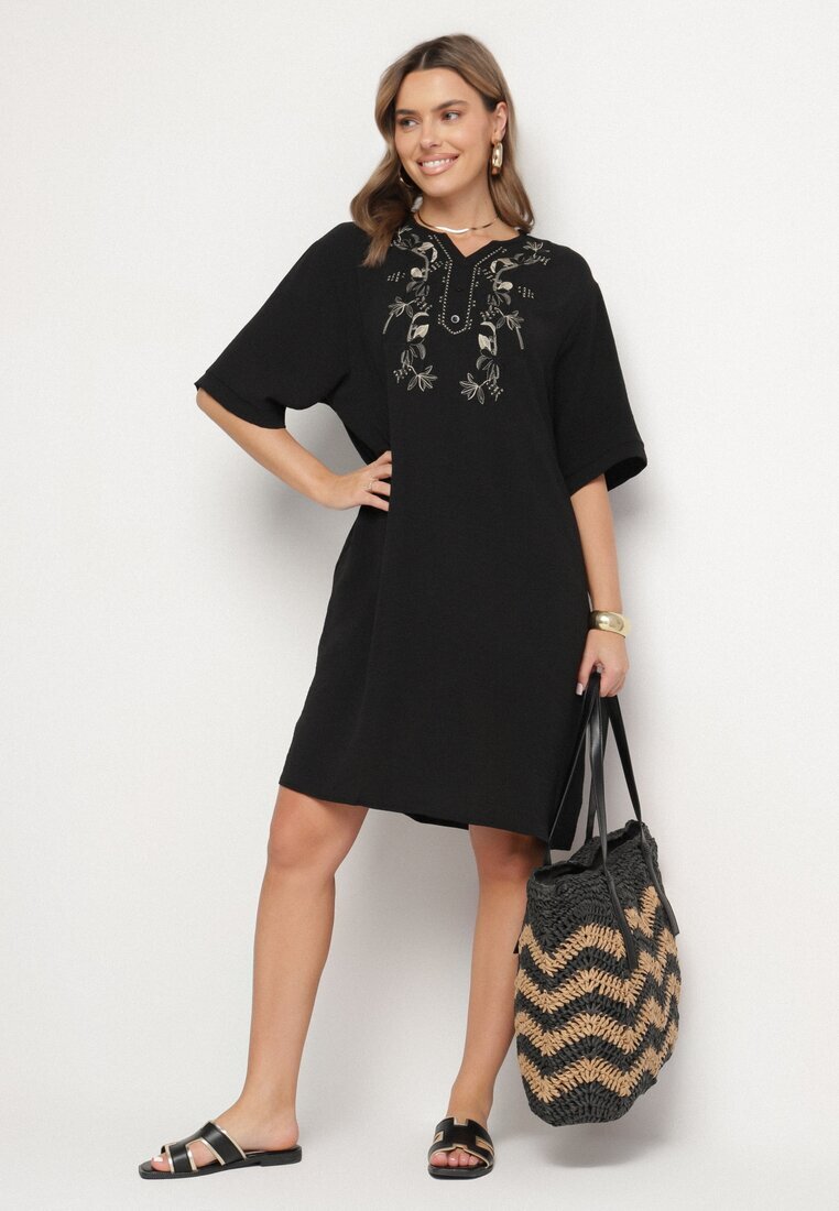 j&x Rochie Neagră Tip cutie cu nasturi și broderii decorative Jenivanea