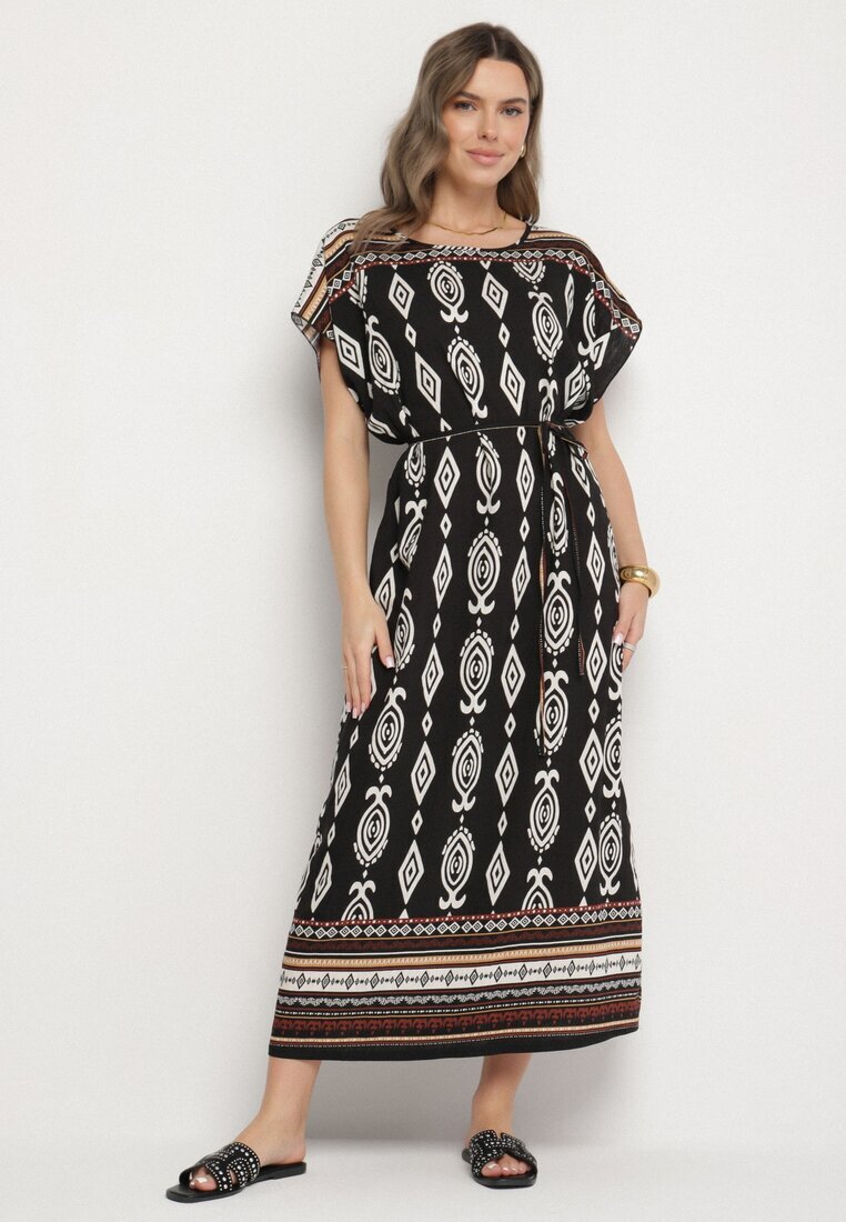 j&x Rochie Neagră tip cutie din Viscoză cu Model Etnic Mirosela