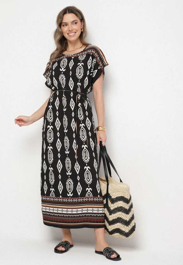 j&x Rochie Neagră tip cutie din Viscoză cu Model Etnic Mirosela