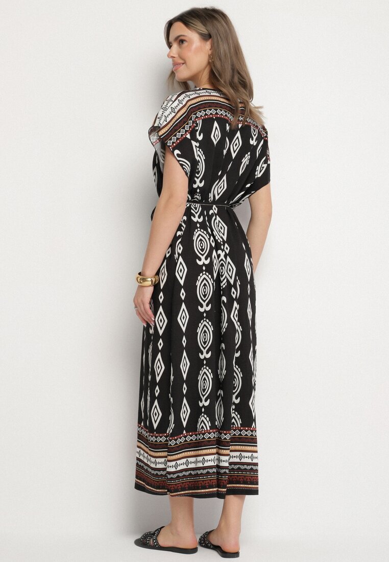 j&x Rochie Neagră tip cutie din Viscoză cu Model Etnic Mirosela