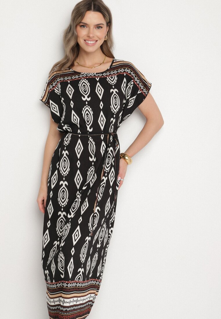 j&x Rochie Neagră tip cutie din Viscoză cu Model Etnic Mirosela