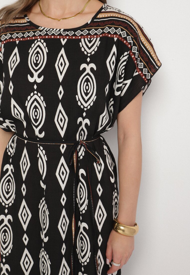 j&x Rochie Neagră tip cutie din Viscoză cu Model Etnic Mirosela