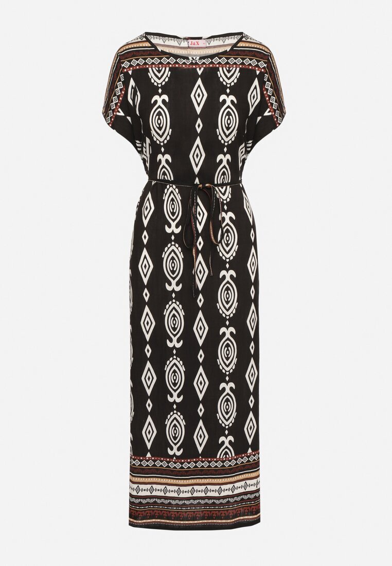 j&x Rochie Neagră tip cutie din Viscoză cu Model Etnic Mirosela