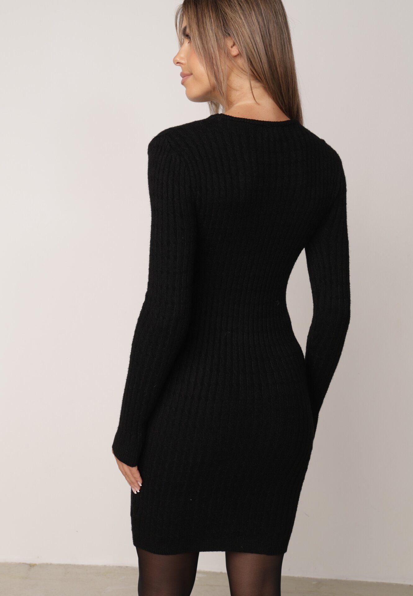 j&x Rochie Neagră Tricotată Mini Mulată cu Striații Decorative Kais