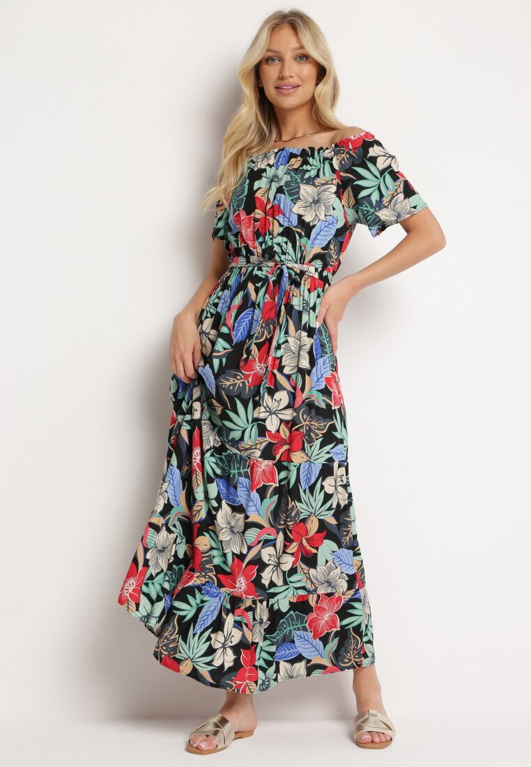 j&x Rochie Negru-Verde din Viscoză cu Flori Evazată Legată în Talie Quilbia