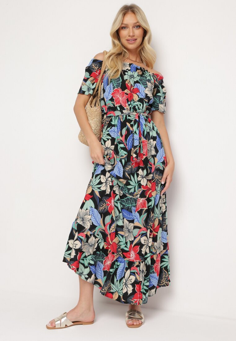 j&x Rochie Negru-Verde din Viscoză cu Flori Evazată Legată în Talie Quilbia