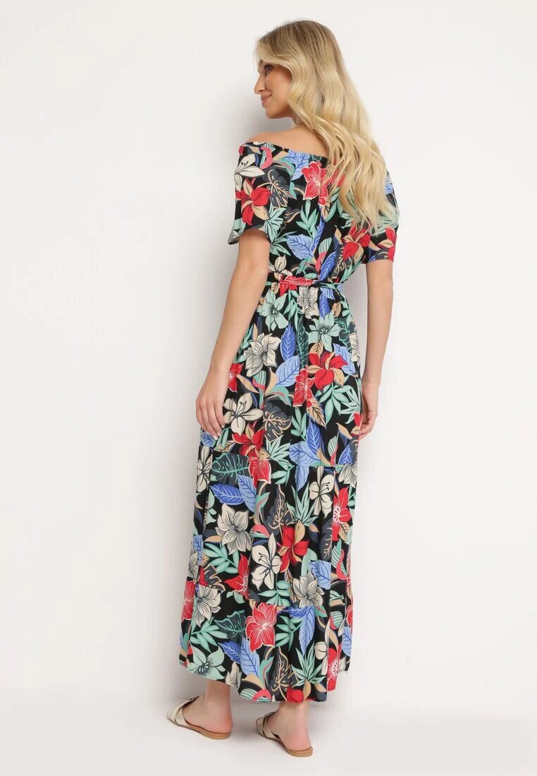 j&x Rochie Negru-Verde din Viscoză cu Flori Evazată Legată în Talie Quilbia