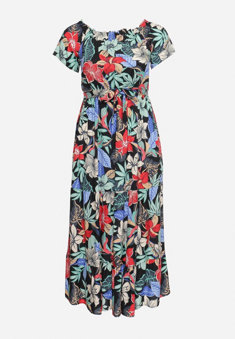 j&x Rochie Negru-Verde din Viscoză cu Flori Evazată Legată în Talie Quilbia