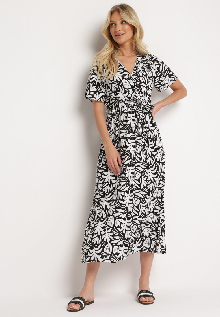j&x Rochie petrecută Alb-Negru din Viscoză cu Elastic în Talie și Curea din Material Fazemia