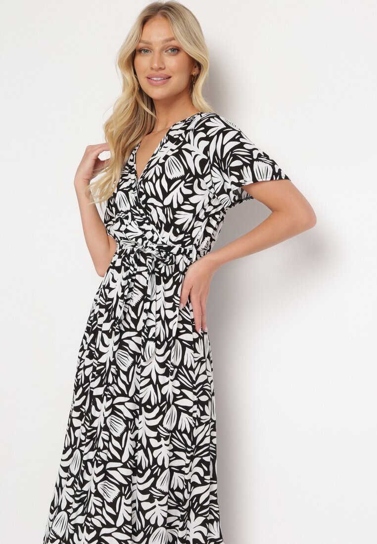 j&x Rochie petrecută Alb-Negru din Viscoză cu Elastic în Talie și Curea din Material Fazemia