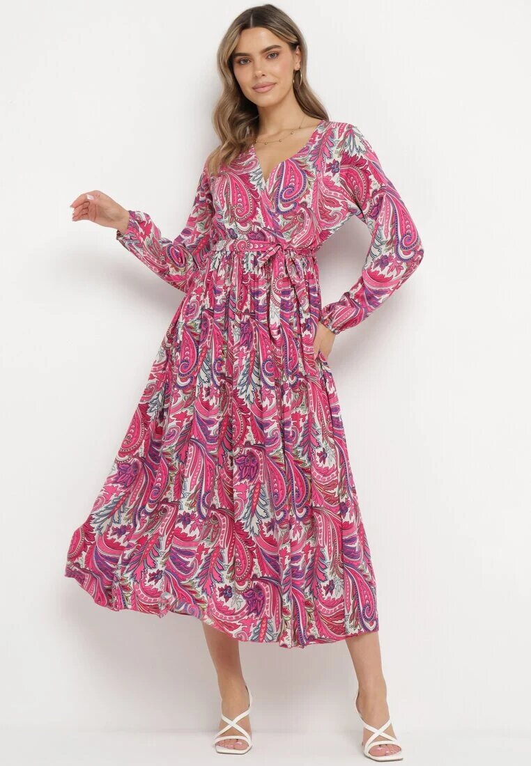 j&x Rochie Plisată Roz închis cu elastic în talie și cu model Paisley Carella