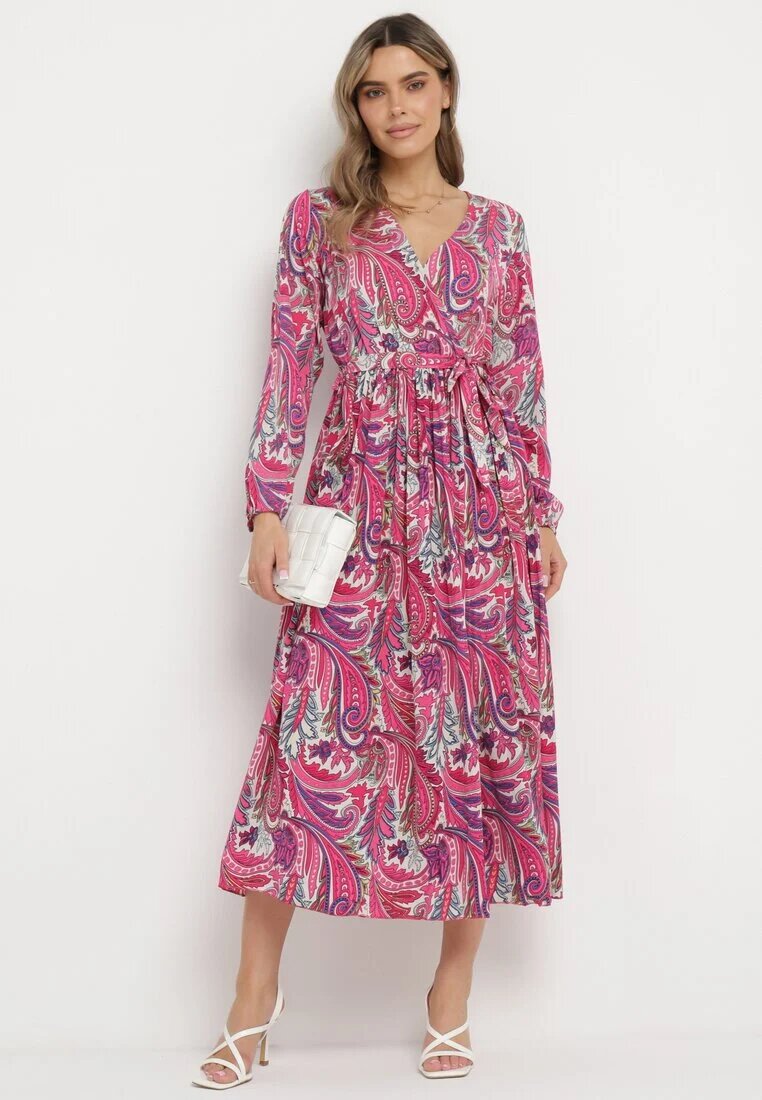 j&x Rochie Plisată Roz închis cu elastic în talie și cu model Paisley Carella