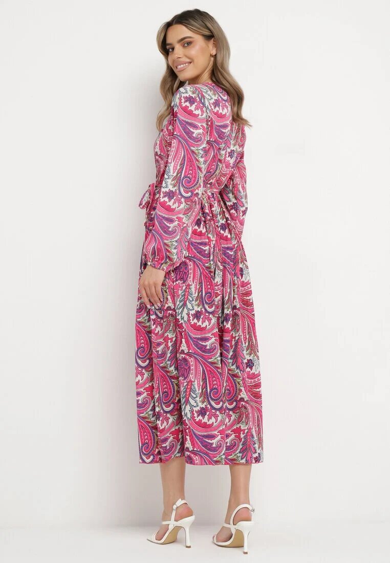 j&x Rochie Plisată Roz închis cu elastic în talie și cu model Paisley Carella