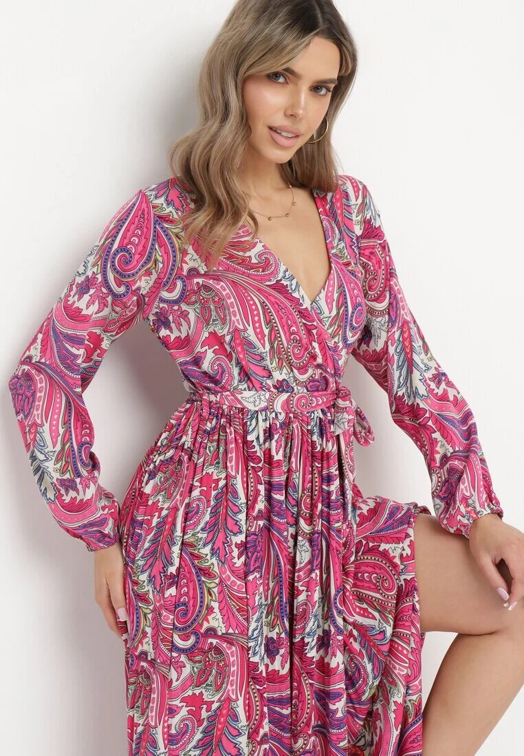 j&x Rochie Plisată Roz închis cu elastic în talie și cu model Paisley Carella