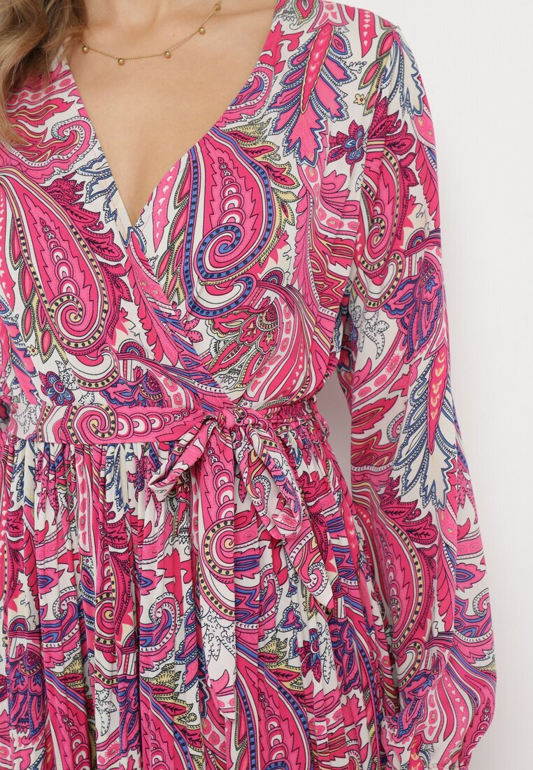 j&x Rochie Plisată Roz închis cu elastic în talie și cu model Paisley Carella