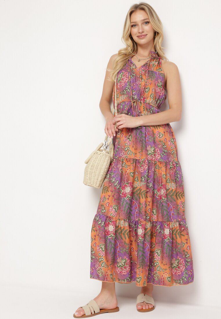 j&x Rochie Portocalie Cambrată Florală cu elastic în talie și legătură la gât Lusaria