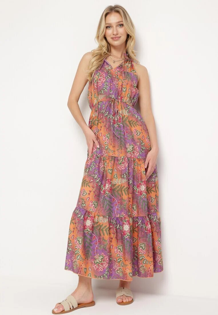 j&x Rochie Portocalie Cambrată Florală cu elastic în talie și legătură la gât Lusaria