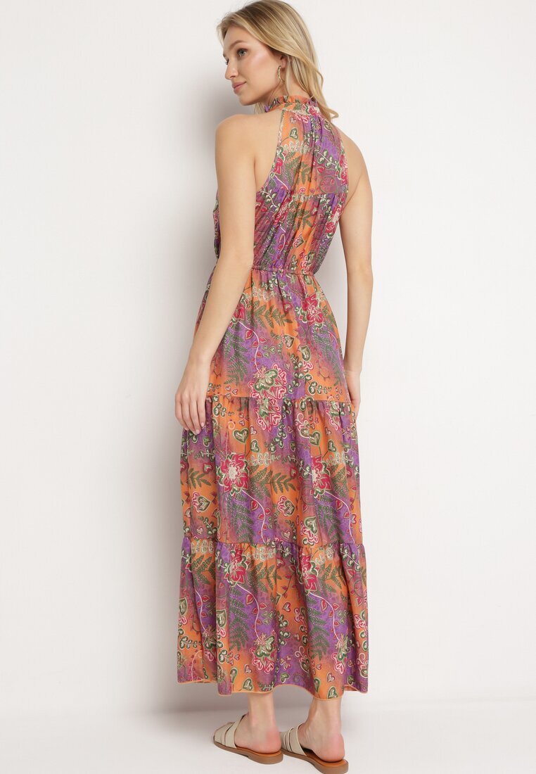j&x Rochie Portocalie Cambrată Florală cu elastic în talie și legătură la gât Lusaria