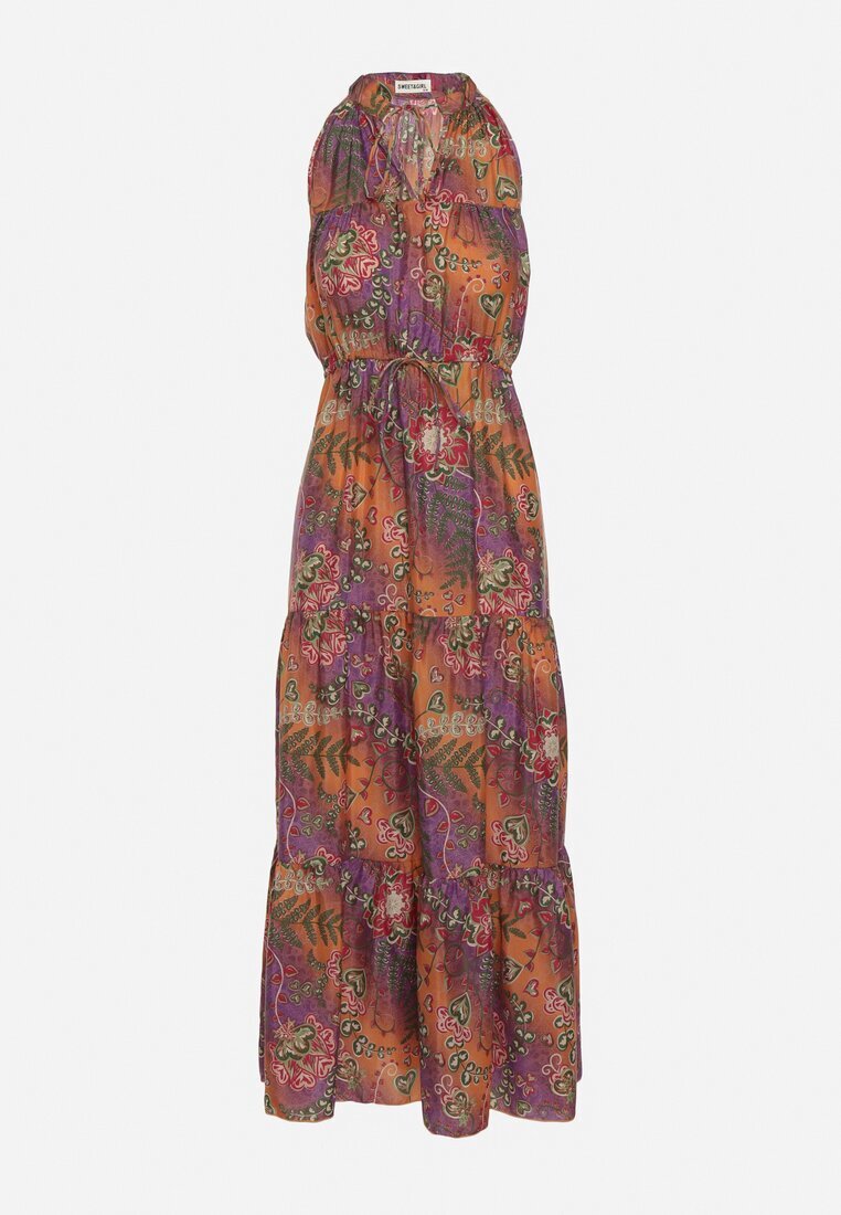 j&x Rochie Portocalie Cambrată Florală cu elastic în talie și legătură la gât Lusaria