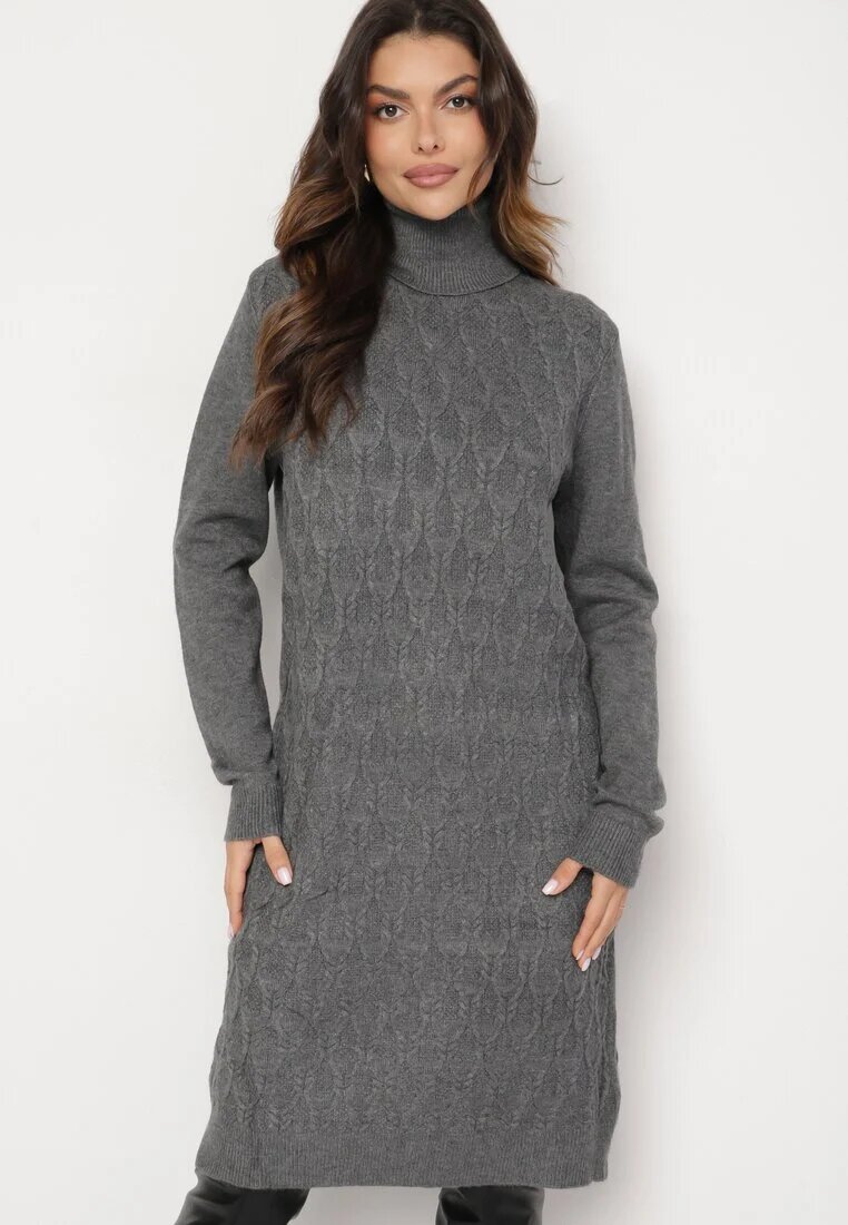 j&x Rochie pulover gri închis cu Lână Bumbac și Guler înalt cu Croi tip cutie Akenavia