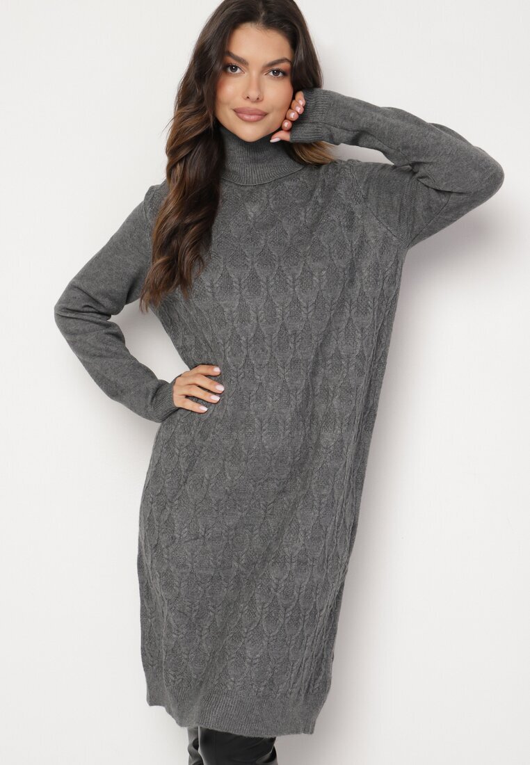 j&x Rochie pulover gri închis cu Lână Bumbac și Guler înalt cu Croi tip cutie Akenavia