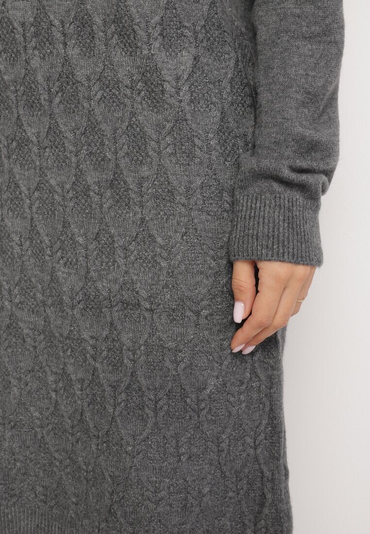 j&x Rochie pulover gri închis cu Lână Bumbac și Guler înalt cu Croi tip cutie Akenavia