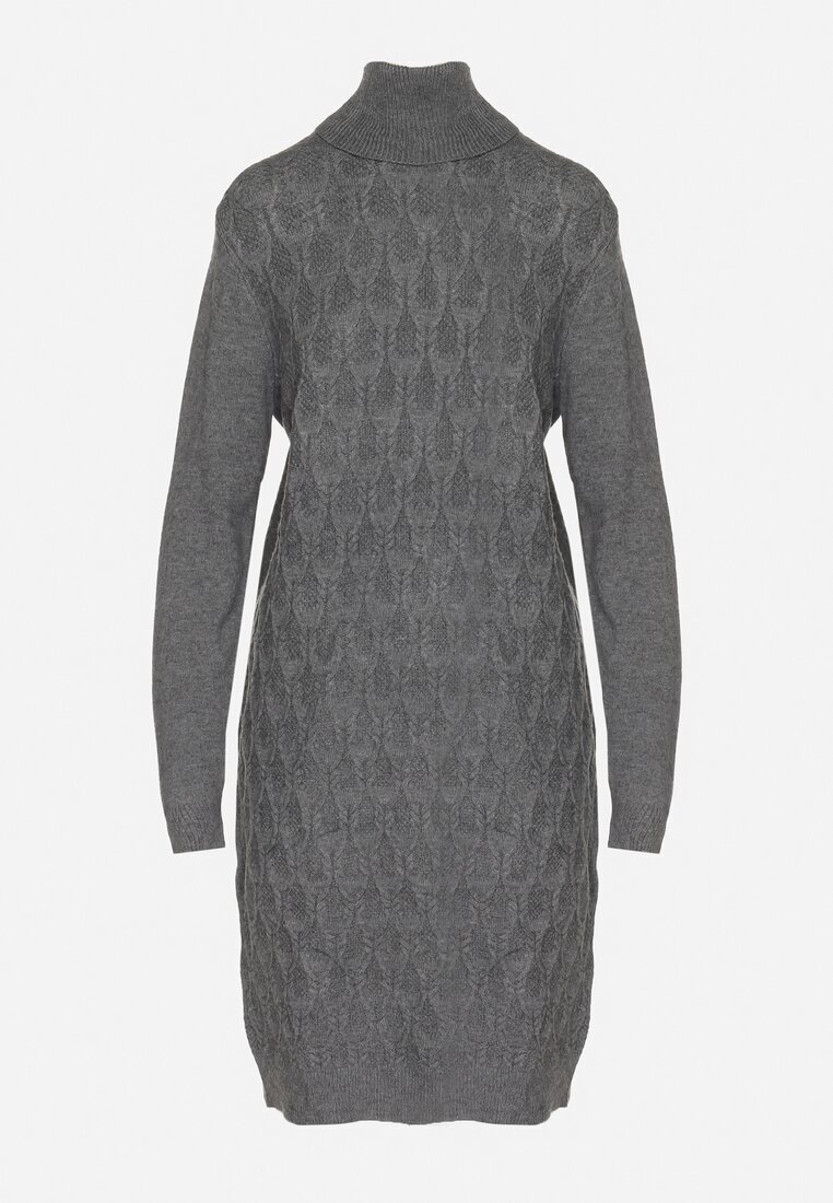 j&x Rochie pulover gri închis cu Lână Bumbac și Guler înalt cu Croi tip cutie Akenavia