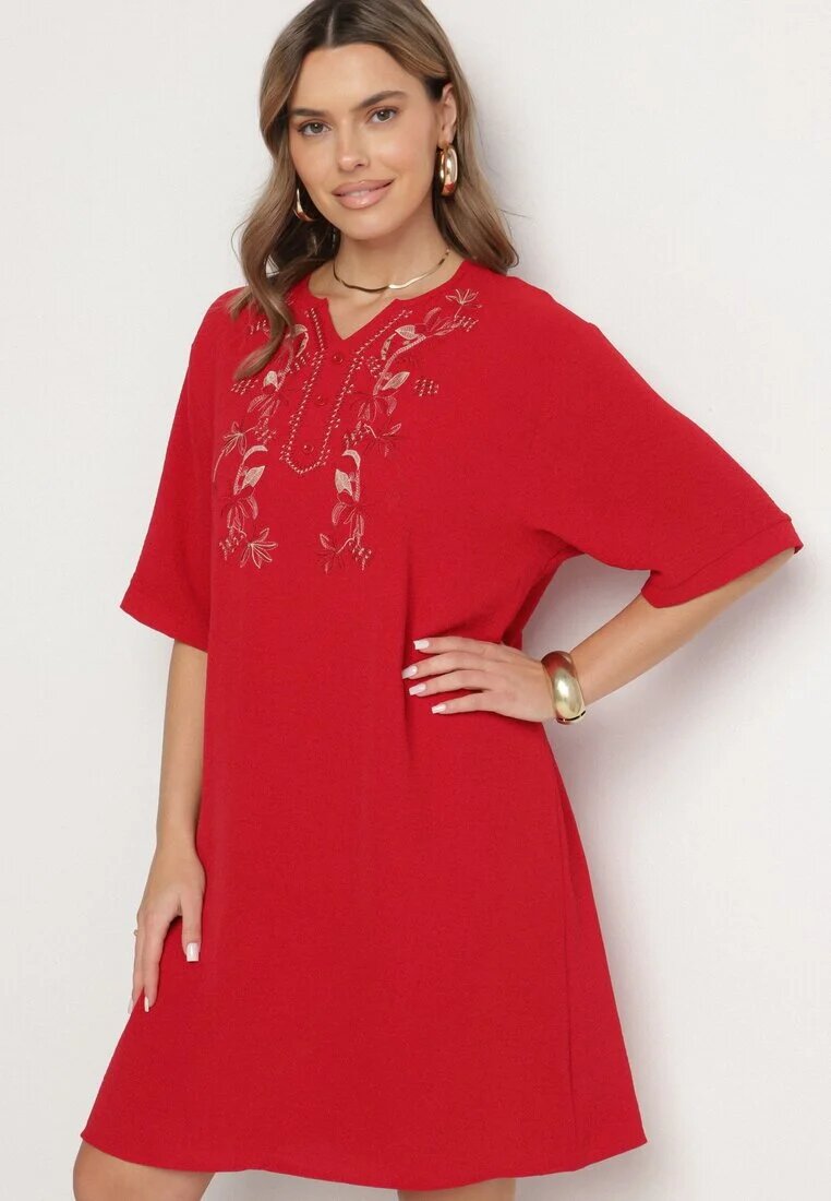j&x Rochie Roșie tip Cutie cu nasturi și broderii decorative Jenivanea