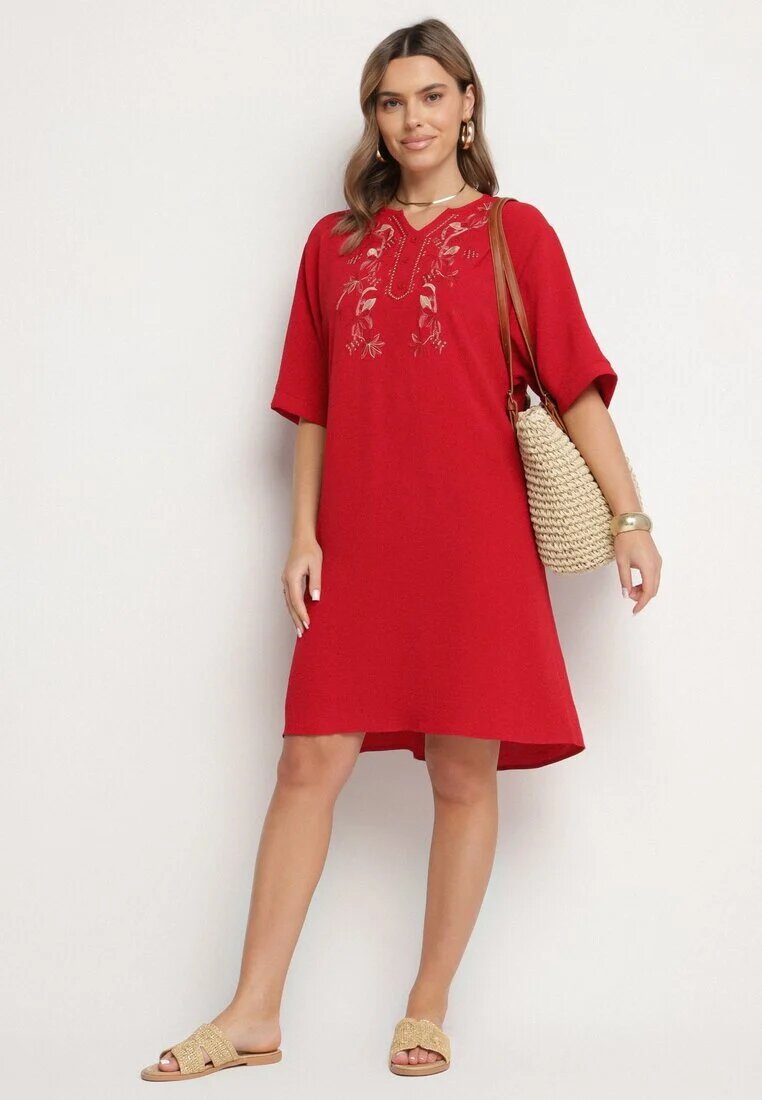 j&x Rochie Roșie tip Cutie cu nasturi și broderii decorative Jenivanea
