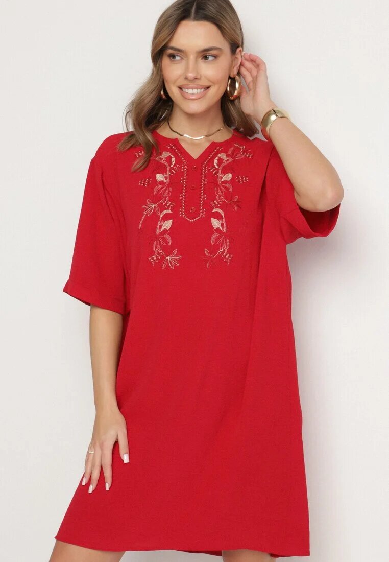 j&x Rochie Roșie tip Cutie cu nasturi și broderii decorative Jenivanea