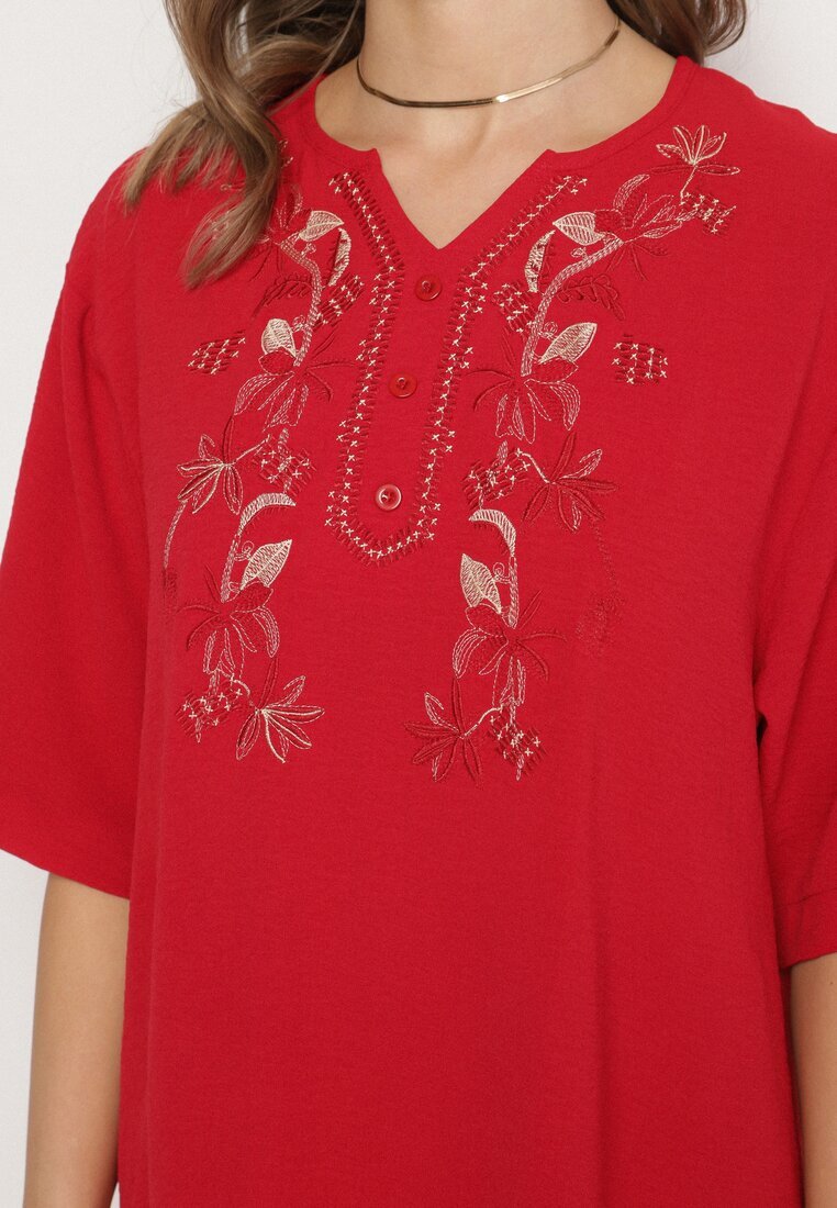 j&x Rochie Roșie tip Cutie cu nasturi și broderii decorative Jenivanea