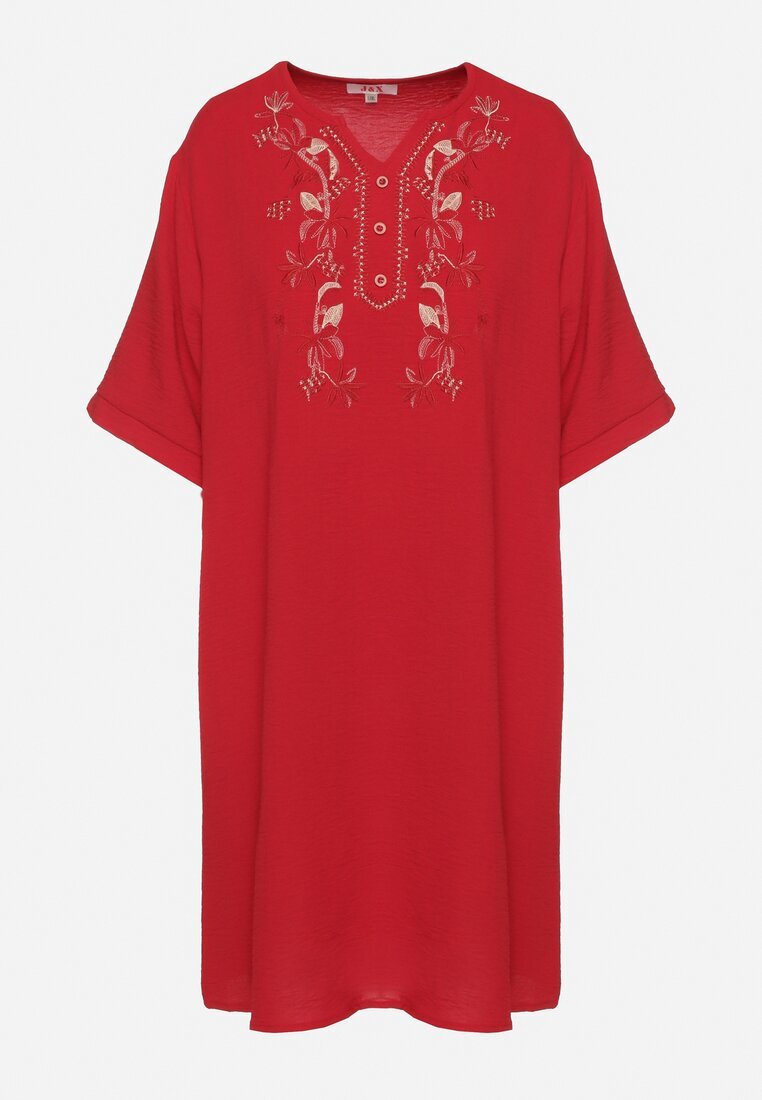 j&x Rochie Roșie tip Cutie cu nasturi și broderii decorative Jenivanea