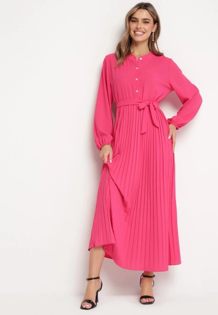 j&x Rochie Roz Evazată Maxi cu Tiv Plisat și Curea Legată Nollira