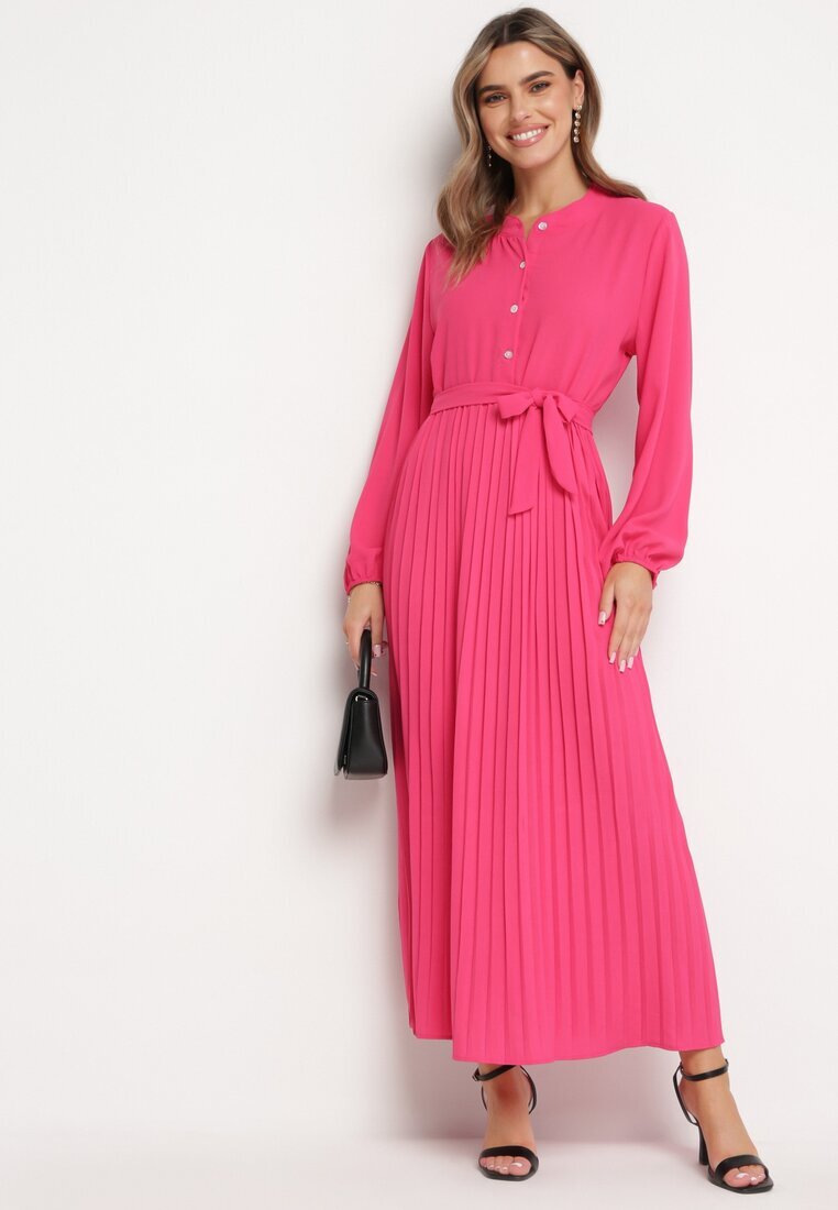 j&x Rochie Roz Evazată Maxi cu Tiv Plisat și Curea Legată Nollira
