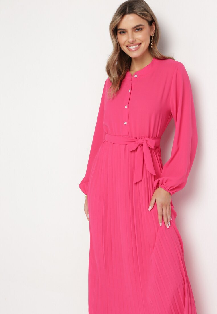 j&x Rochie Roz Evazată Maxi cu Tiv Plisat și Curea Legată Nollira
