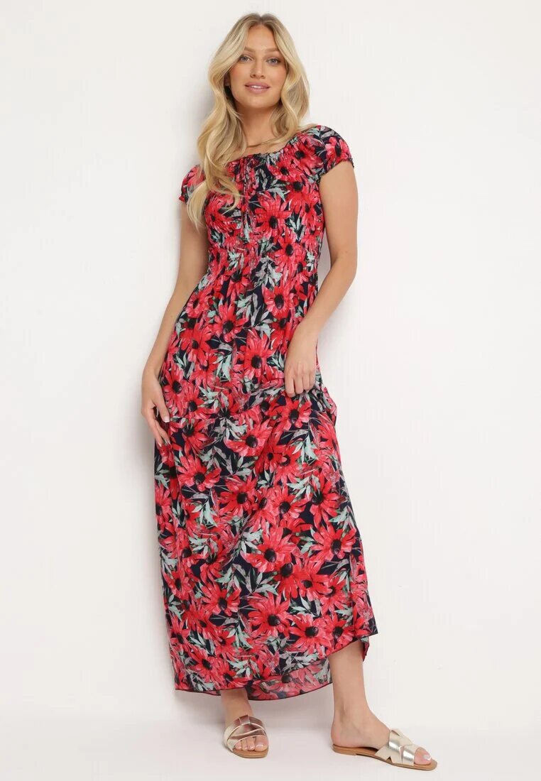 j&x Rochie spaniolă Bleumarin-Roșie din viscoză cu flori cu croi evazat Uasteria