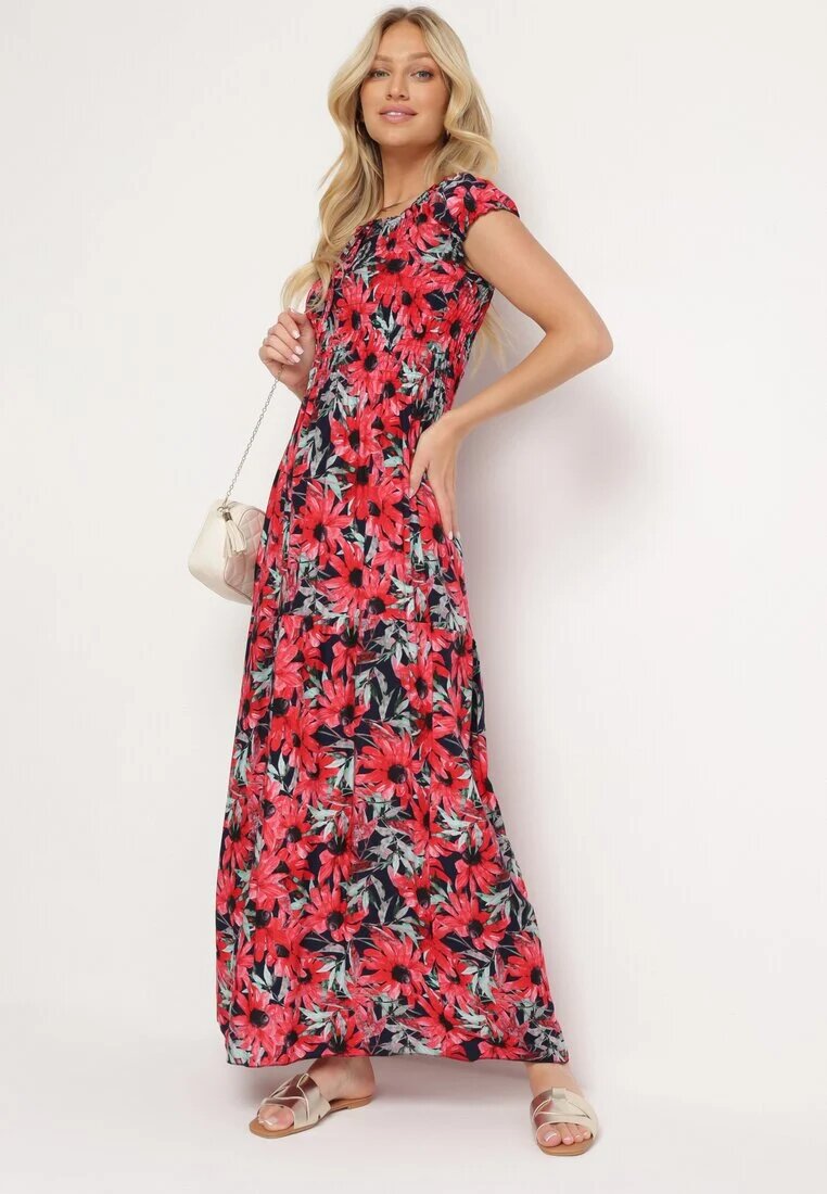 j&x Rochie spaniolă Bleumarin-Roșie din viscoză cu flori cu croi evazat Uasteria