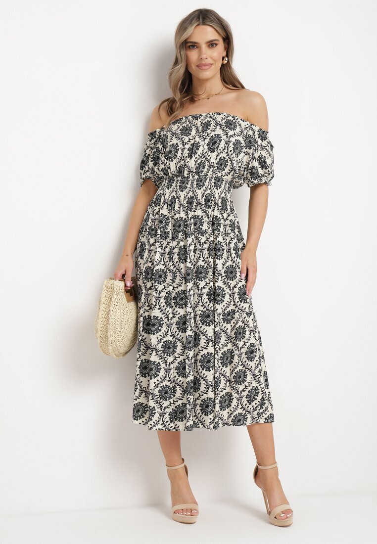 j&x Rochie spaniolă Gri-Bej din Viscoză cu Elastic în Talie și la Mâneci Yilalama