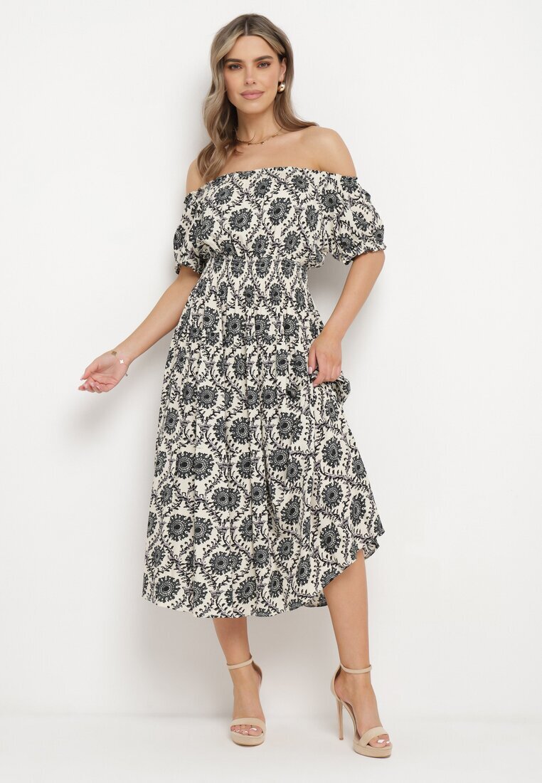 j&x Rochie spaniolă Gri-Bej din Viscoză cu Elastic în Talie și la Mâneci Yilalama