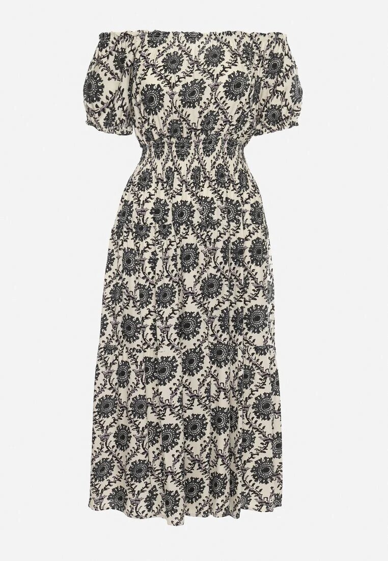 j&x Rochie spaniolă Gri-Bej din Viscoză cu Elastic în Talie și la Mâneci Yilalama