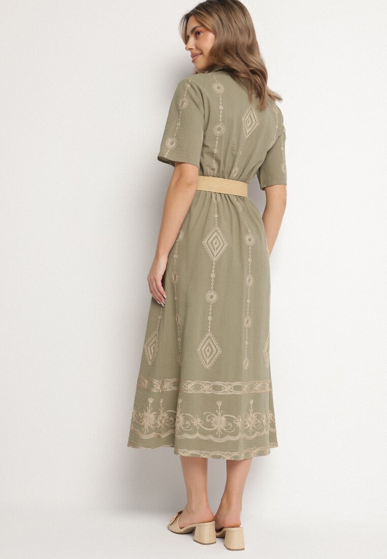j&x Rochie tip cămașă Verde închis Din bumbac cu centură decorativă și broderie Evialisse