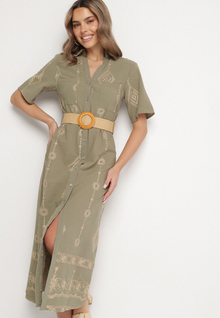 j&x Rochie tip cămașă Verde închis Din bumbac cu centură decorativă și broderie Evialisse