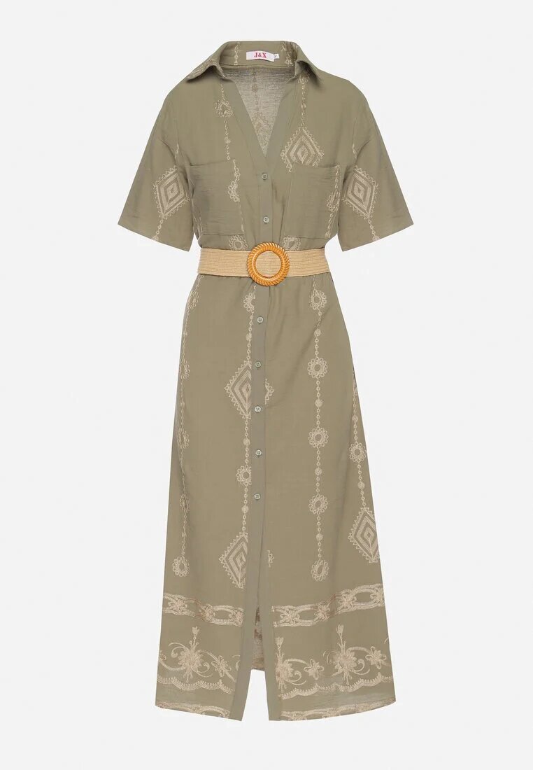 j&x Rochie tip cămașă Verde închis Din bumbac cu centură decorativă și broderie Evialisse