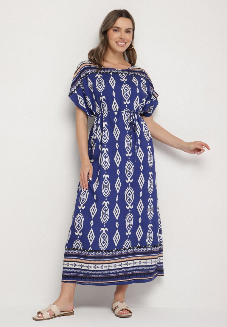 j&x Rochie tip cutie albastră din viscoză cu imprimeu etnic Mirosela