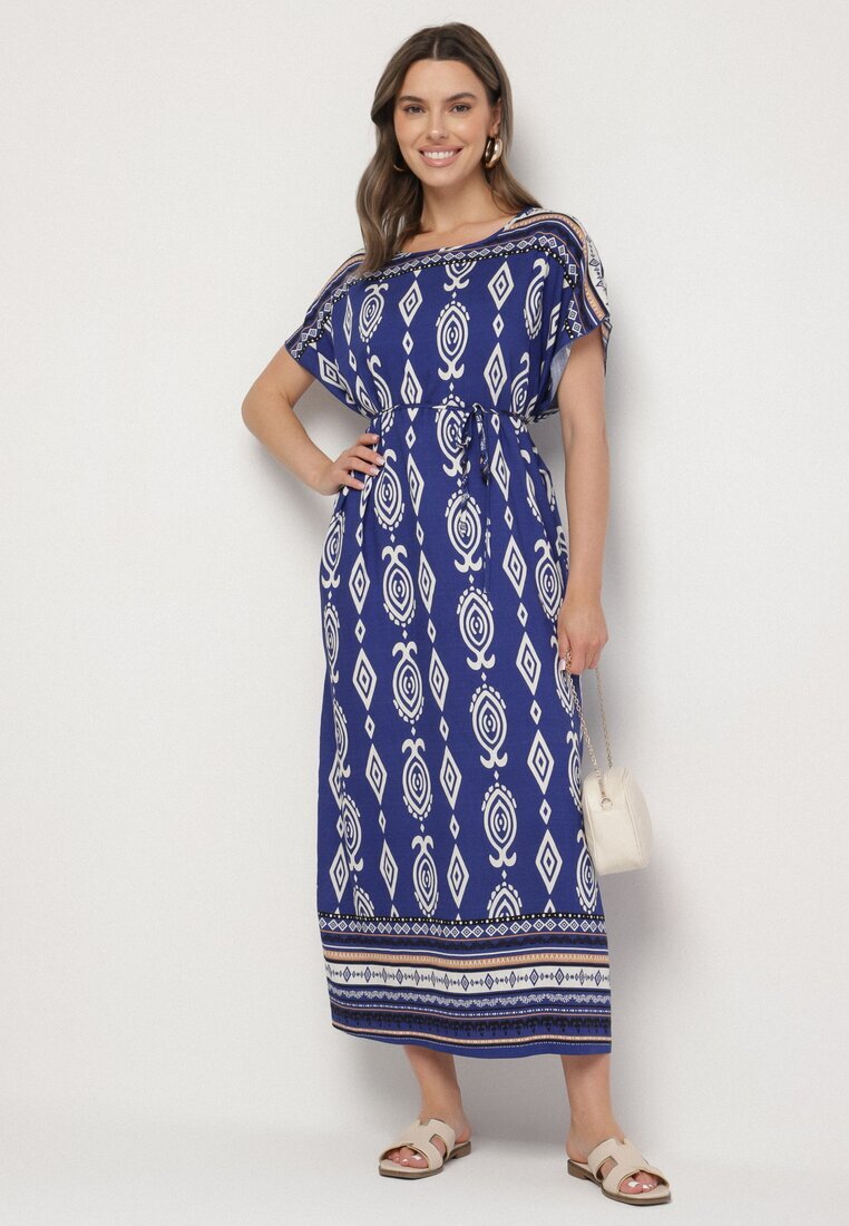 j&x Rochie tip cutie albastră din viscoză cu imprimeu etnic Mirosela